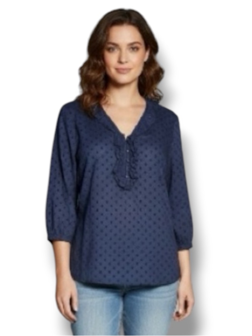 Talbots Blouse Navy Blue Swiss Dot Popover 100 Cotton V-neck 3/4 Sleeves Size M